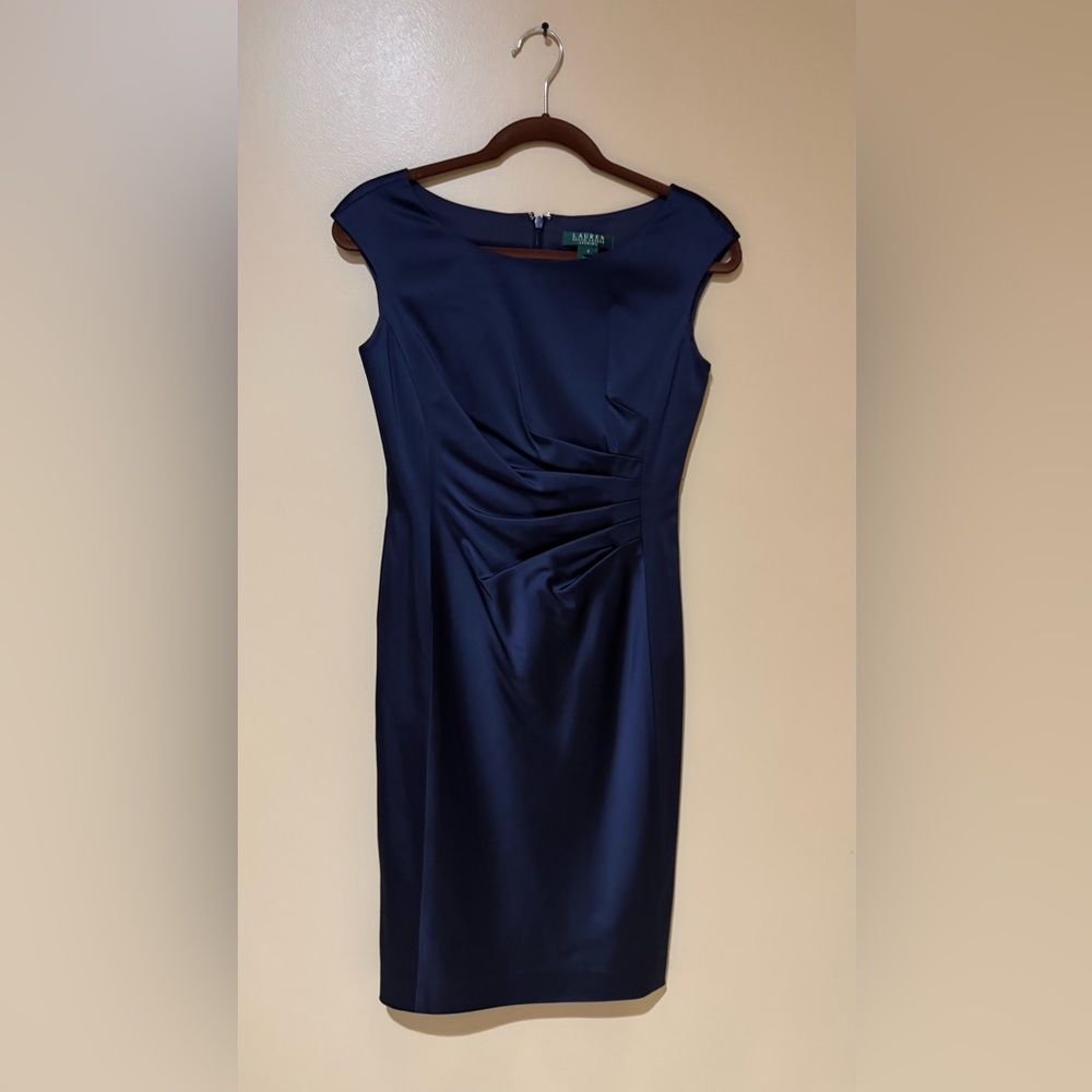 Ralph Lauren Navy Ruched Midi Sheath Dress